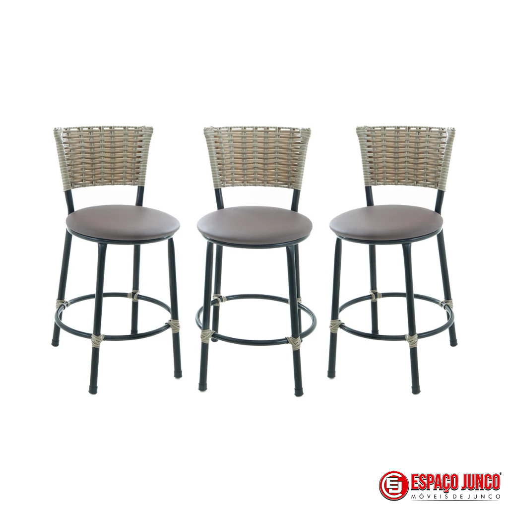 JOGO DE 3 BANQUETAS BAIXA DE COZINHA AREA GOURMET CASA MOVEIS DECORAÇÃO  CAPUCCINO