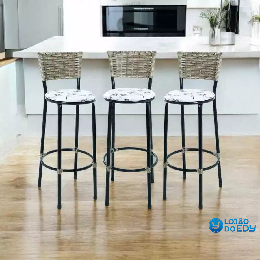 3 banquetas banco alto fibra sintetica junco capuccino cozinha bancada balcão em Oferta na Shopee
