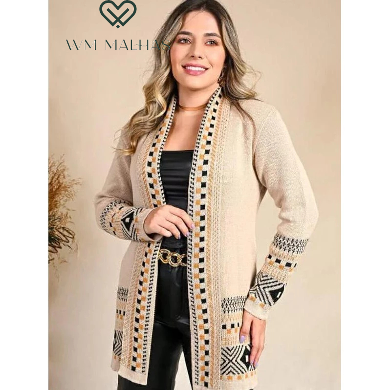 Cardigan  Kimono Tricot Feminino Quadriculado Casaco Teddy Manga Longa Aberto Elegante WM ...