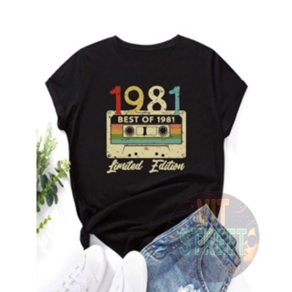 Camiseta Básica 1981 Fita Cassete  Camisa Feminina 100% Algodão Streetwear Temos Plus Size Lançamento - Envio Rápido