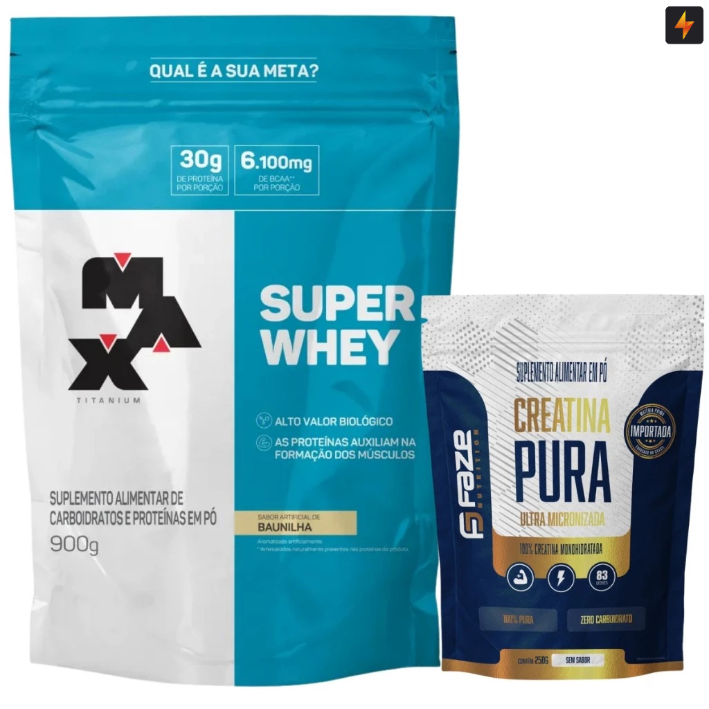Kit Super Whey Concentrado 900g Max Titanium + Creatina 100% Pura Monohidratada 250g Faze Nutrition em Oferta na Shopee