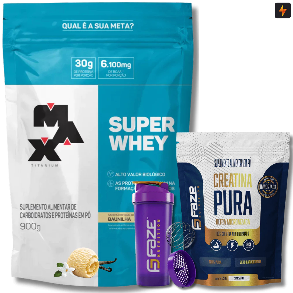 Kit Super Whey 900g Max Titanium + Creatina Pura Monohidratada 250g Faze Nutrition + Coqueteleira em Oferta na Shopee