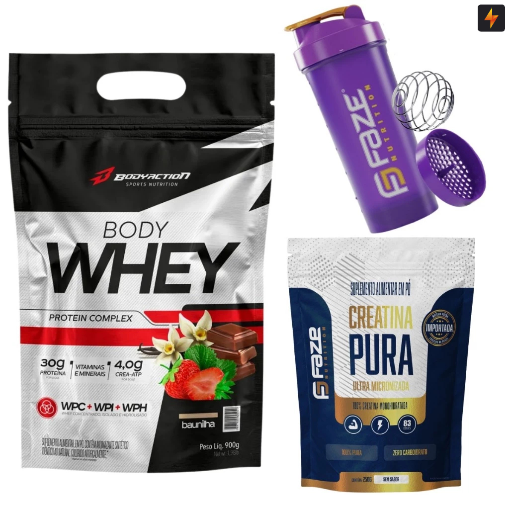 Kit Body Whey Protein Concentrado 900g Body Action +Creatina Pura 250g Faze Nutrition + Coqueteleira em Oferta na Shopee