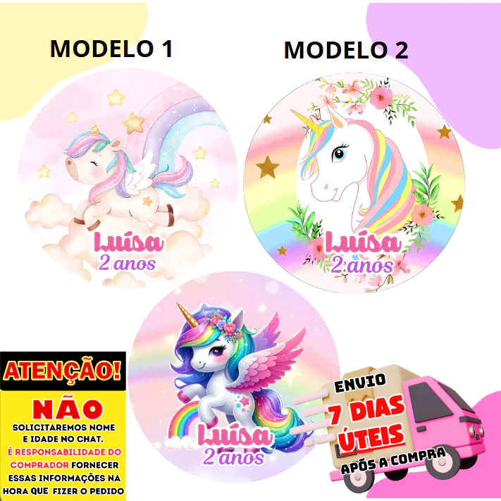 60/100 Adesivos Personalizados 5x5 cm Tema Unicórnio Ideal para Lembrancinhas, festas