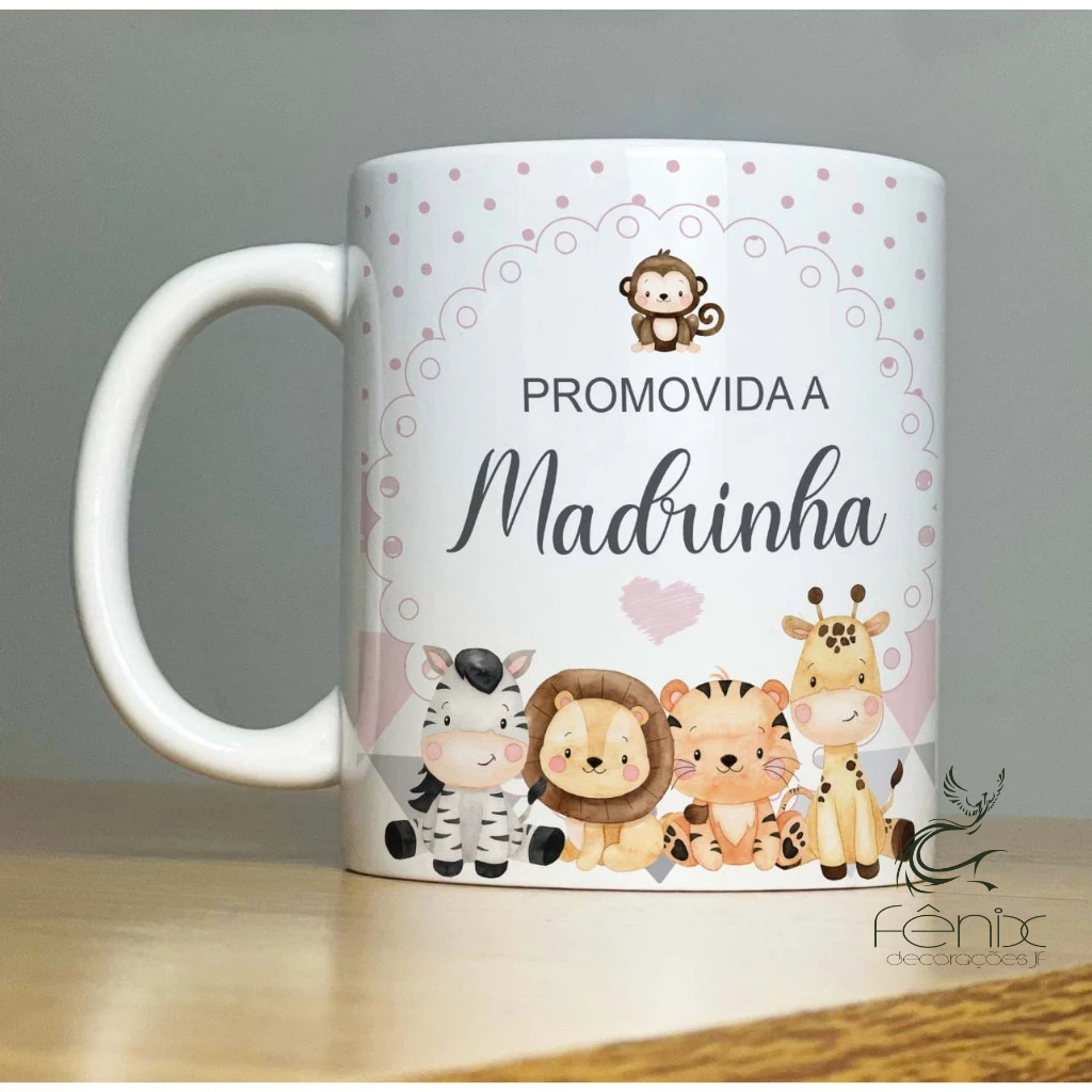 Caneca Personalizada Madrinha e Padrinho - Lembrancinha de Batizado Safari Porcelana 325ML