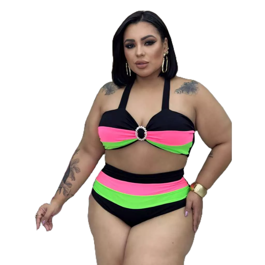 Biquíni Plus Size, Hot Pant, Cintura Alta, Suplex G1, Veste 48-52, Neon