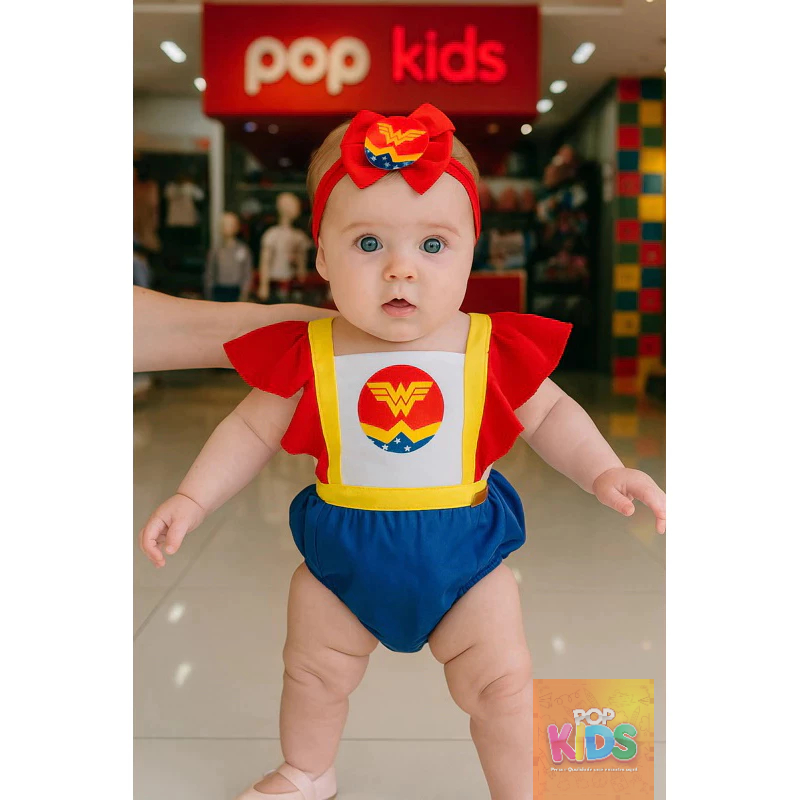Jardineira Romper Vestido fantasia Mulher Maravilha Bebê Menina Body ensaio temático Book Festa Mesversário com laço