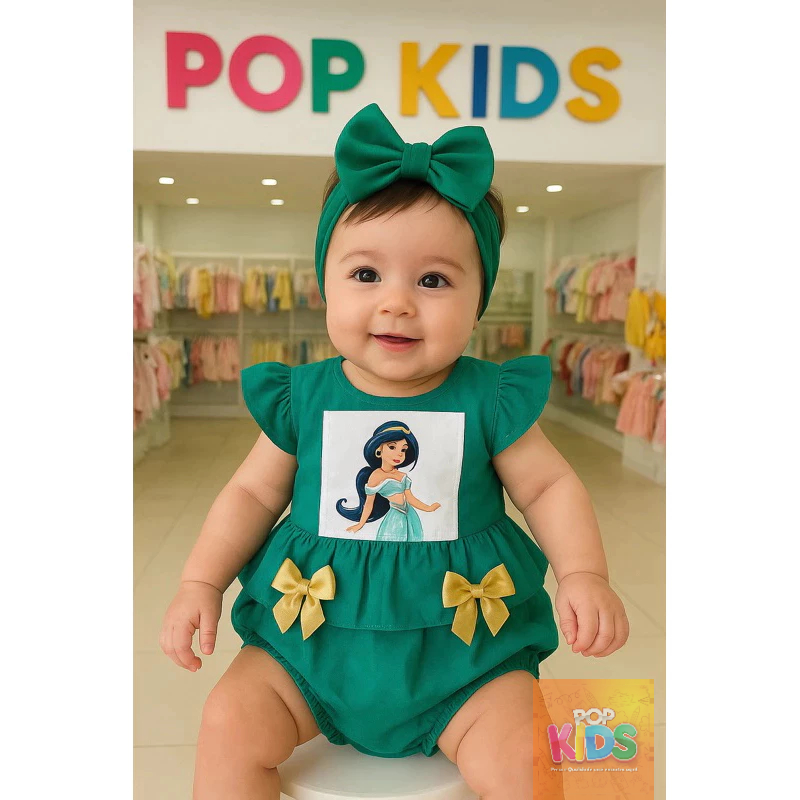 Romper jardineira Bebê Menina Jasmine Aladdin Fantasia Princesa Mesversário Festa Infantil Roupinha Temática mesversario