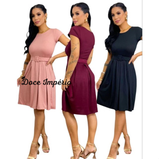 Vestido Midi Canelado Premium Feminino Com Manga Curta em Oferta na Shopee