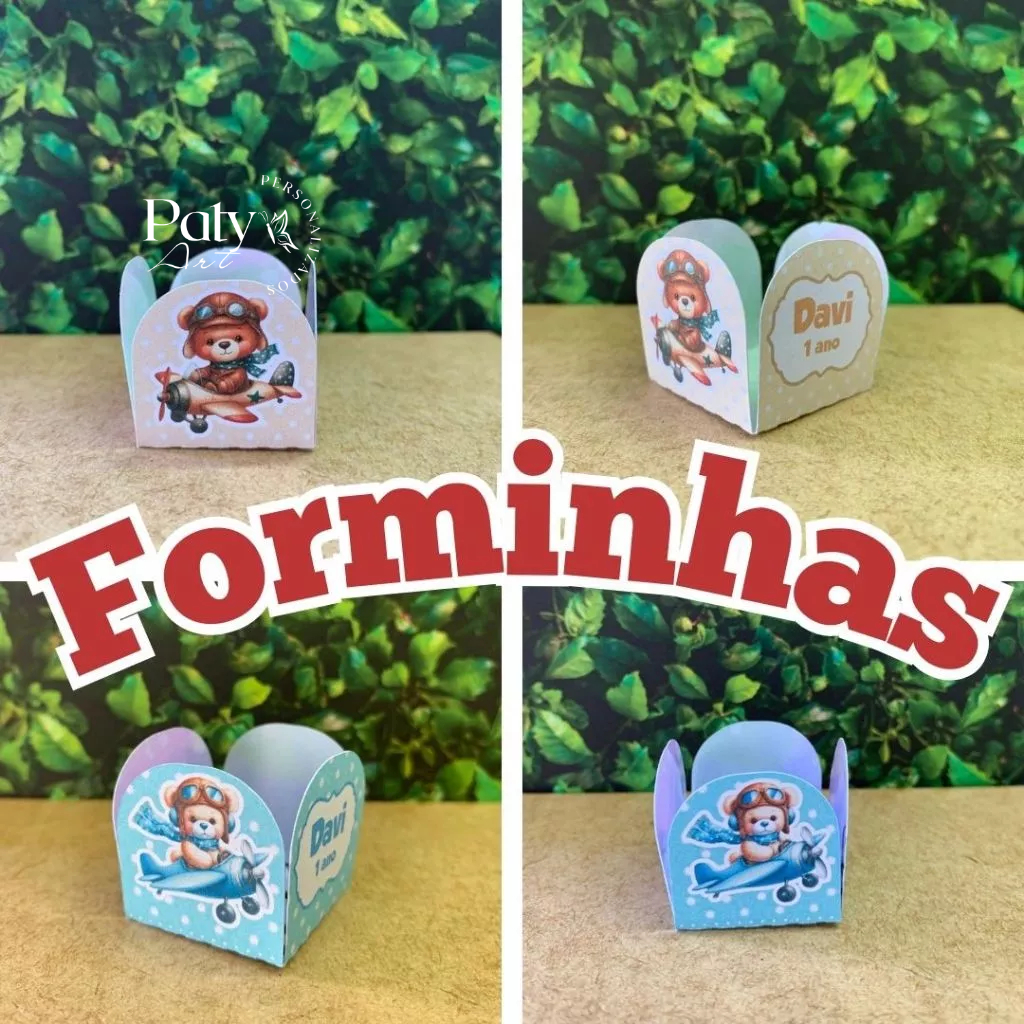 Forminha de doce brigadeiro Personalizada Ursinho Aviador 4 pétalas Festa de infantil Lembrancinha