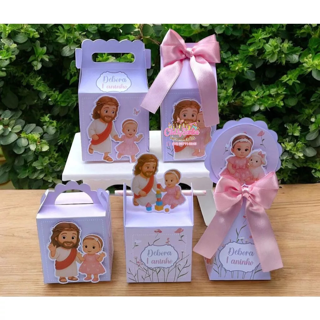 PEGUE E MONTE - Kit Caixinhas Personalizadas Jardim com Jesus Menina C/ Laço e Aplique - FESTAS E LEMBRANCINHAS
