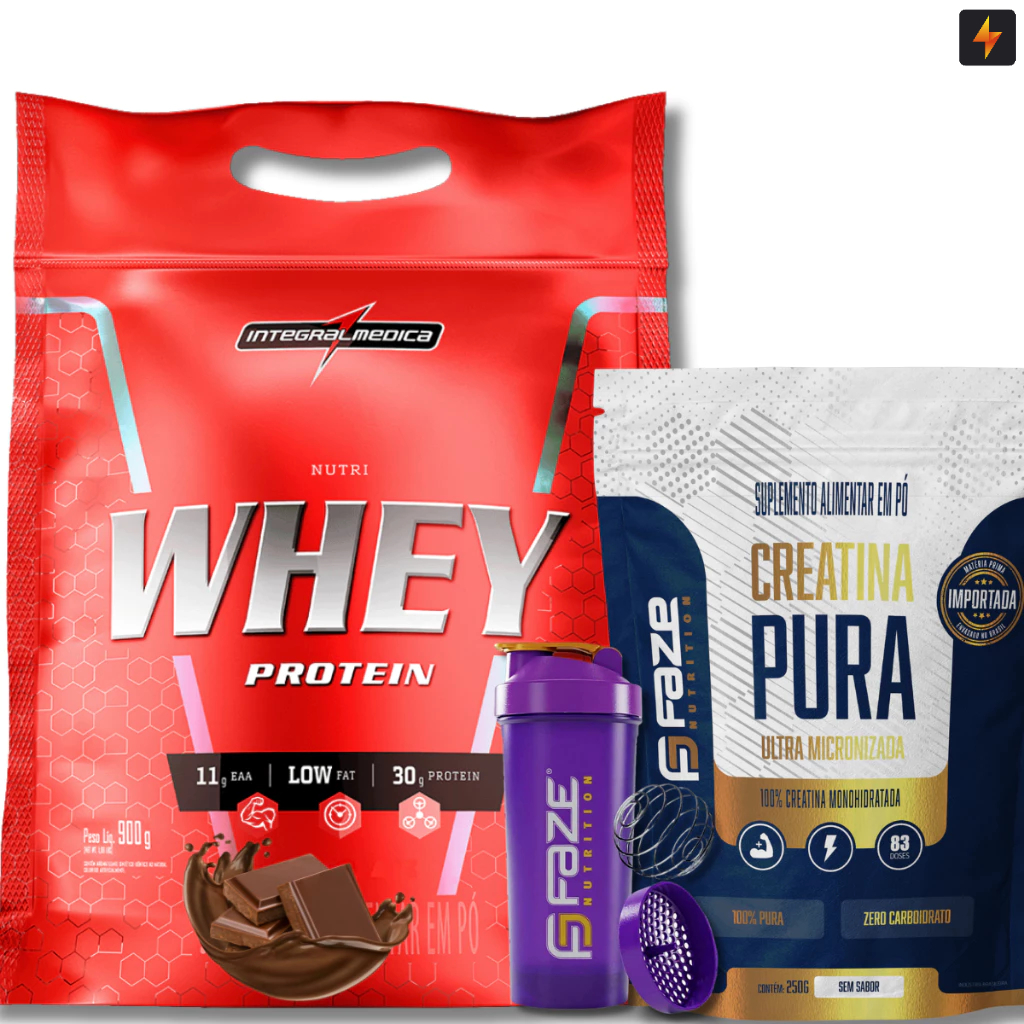 Kit Nutri Whey 900g + Creatina Pura 250g Faze Nutrition + Coqueteleira 600 ML em Oferta na Shopee