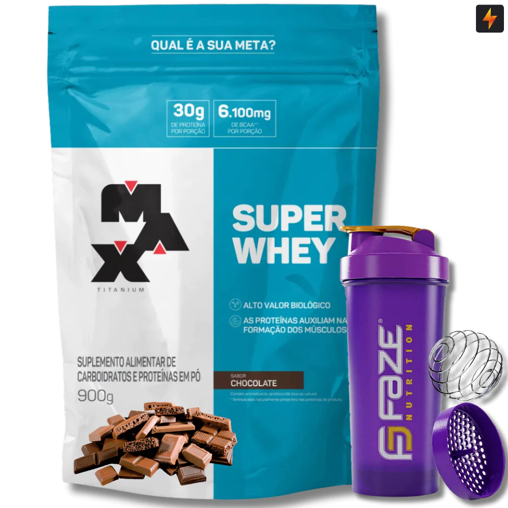Kit Super Whey Proteína Concentrada 900g Max Titanium + Coqueteleira em Oferta na Shopee