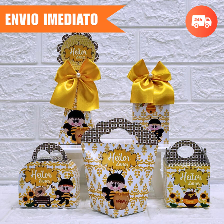 Kit Festa ABELHINHA MENINO Personalizada Mimo Lembrancinhas Kit Caixinhas Aniversário| PEGUE E MONTE