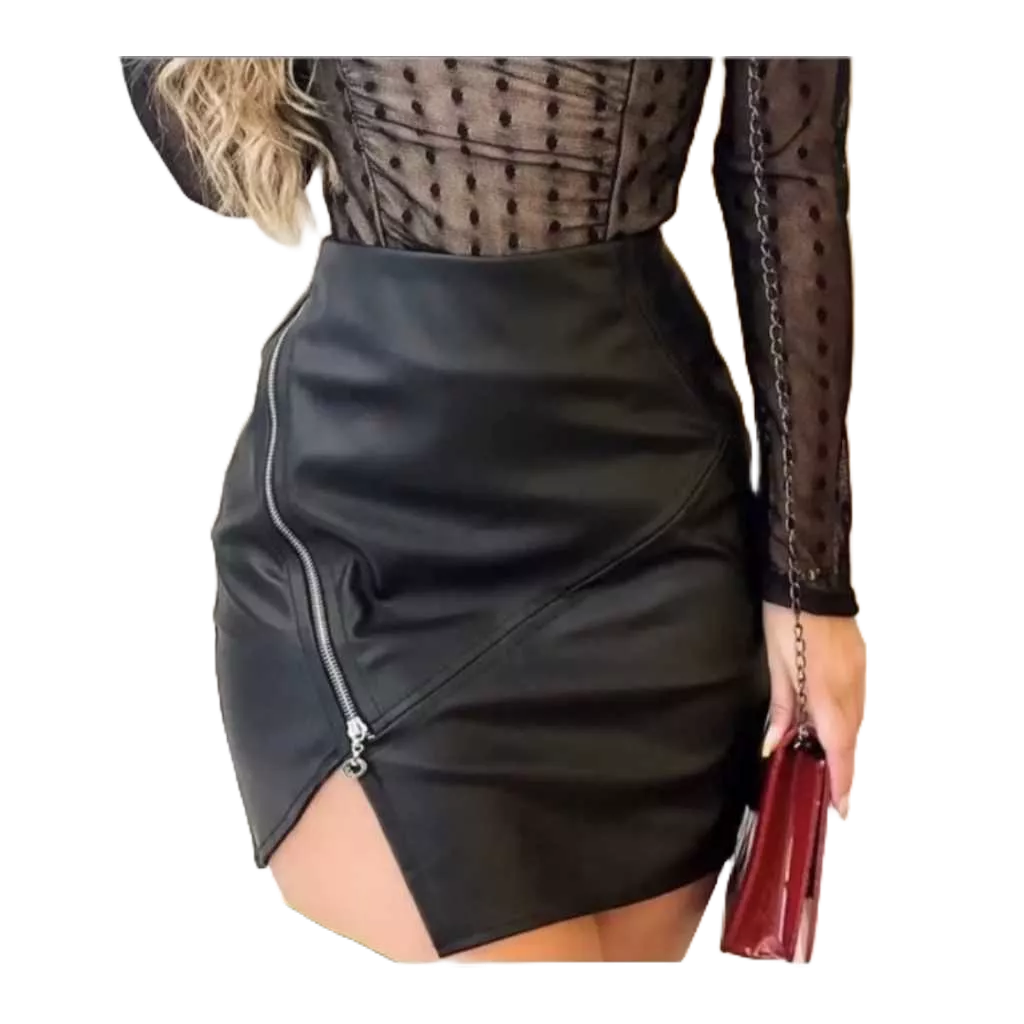 Saia Couro preta mini courinho Fake Fenda Com Zíper Lateral- couro sintético ecologico- moda feminina