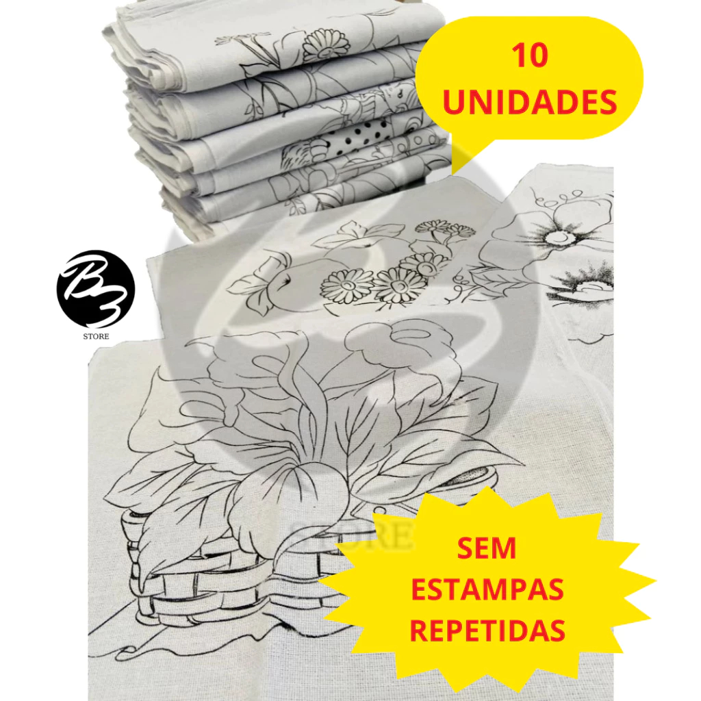 Kit 10 Pano de Prato Branco Riscado Para Pintura - Bainha Premium 100% Algodão 68X40