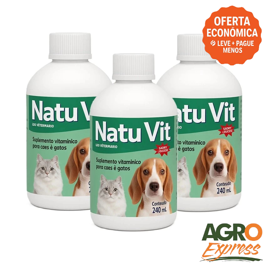 Kit 3 Natu Vit 240ml Suplemento Ômegas Brilho Pelagem Cães Gatos - VetBras