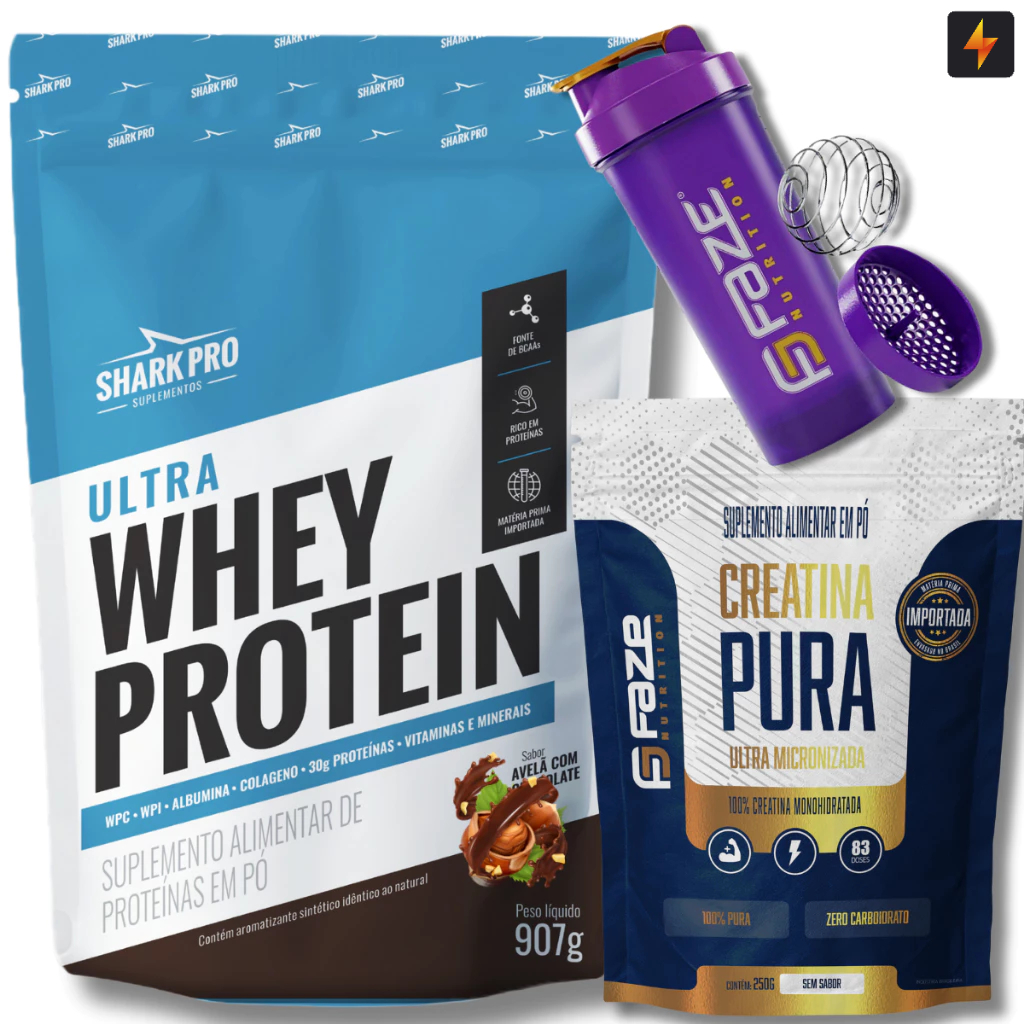 Kit Ultra Whey Protein Refil 907g Shark Pro + Creatina Pura Refil 250g Faze Nutrition + Coqueteleira