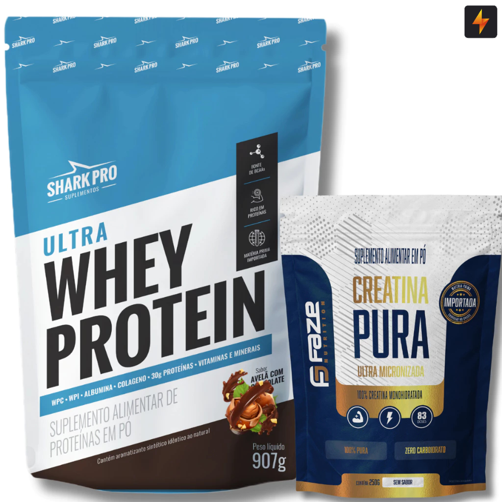 Kit Ultra Whey Protein 907g Proteína Concentrada Shark Pro + Creatina Pura 250g