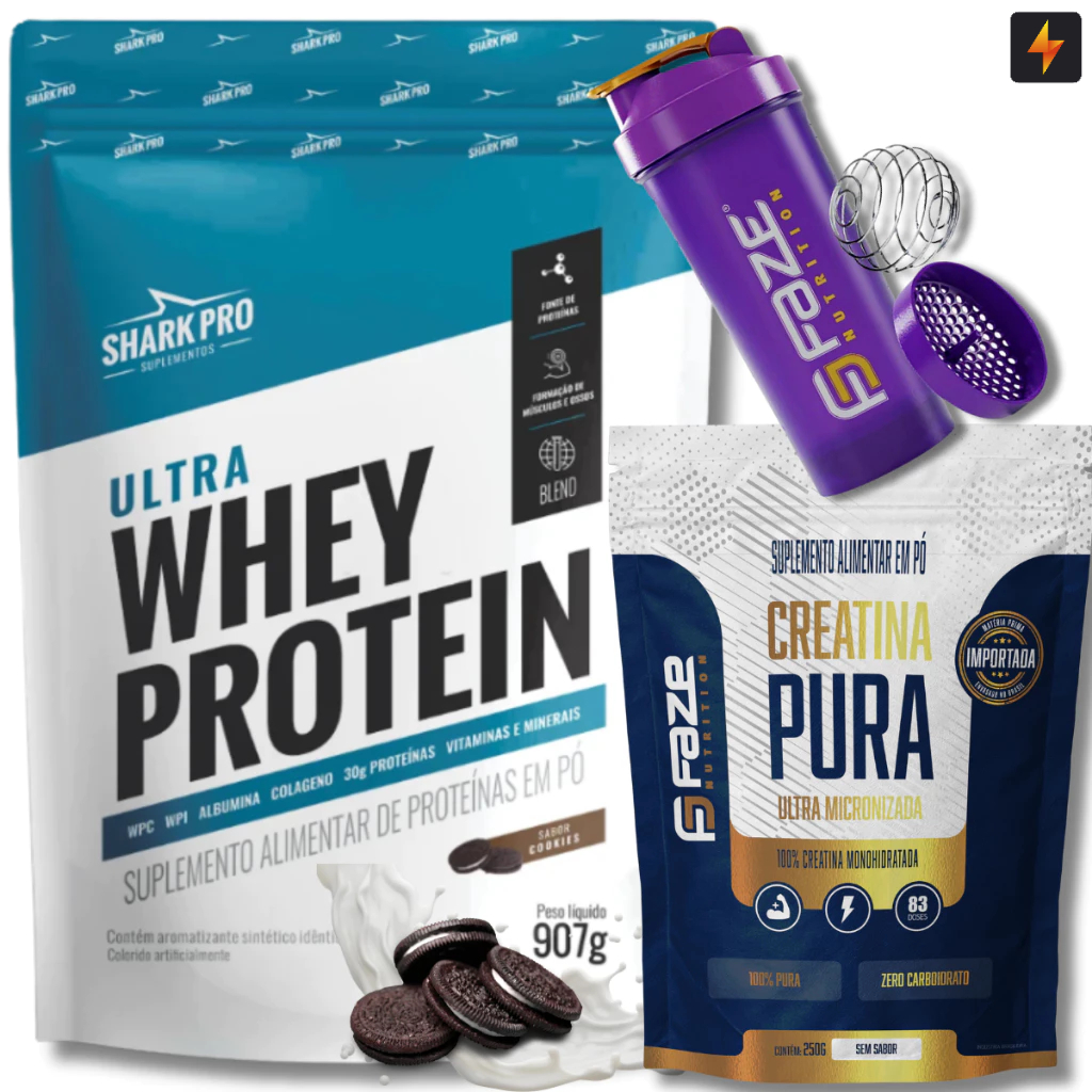 Kit Ultra Whey Protein Refil 907g Shark Pro + Creatina Pura Refil 250g Faze Nutrition + Coqueteleira — imagem 2 de 2