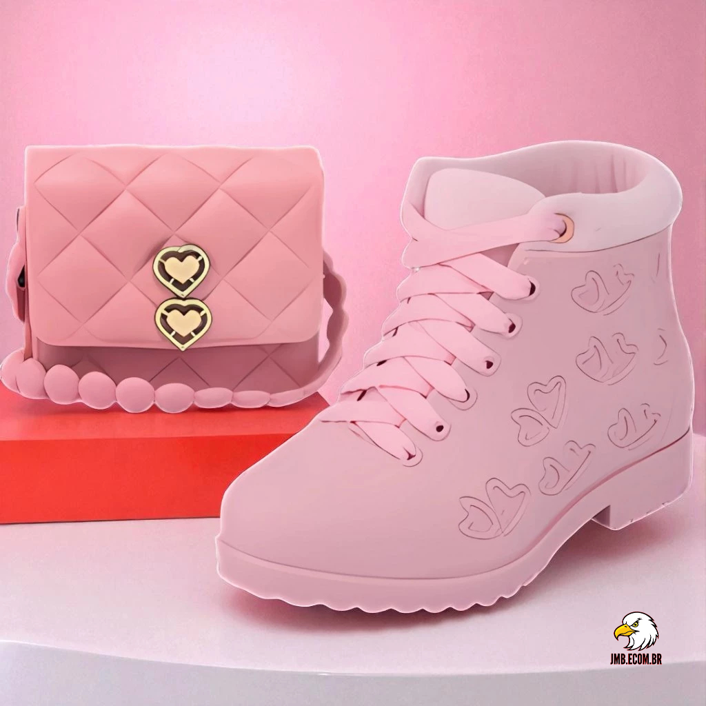 Conjunto Infantil Bota + Bolsinha Coração Feminino | Material Confortável E Impermeável - JMB 