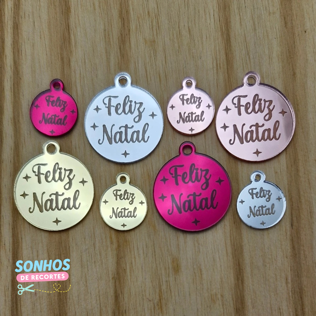 APLIQUE  Bola de Natal "Feliz Natal" -  PINGENTE / TAG Acrílico Espelhado