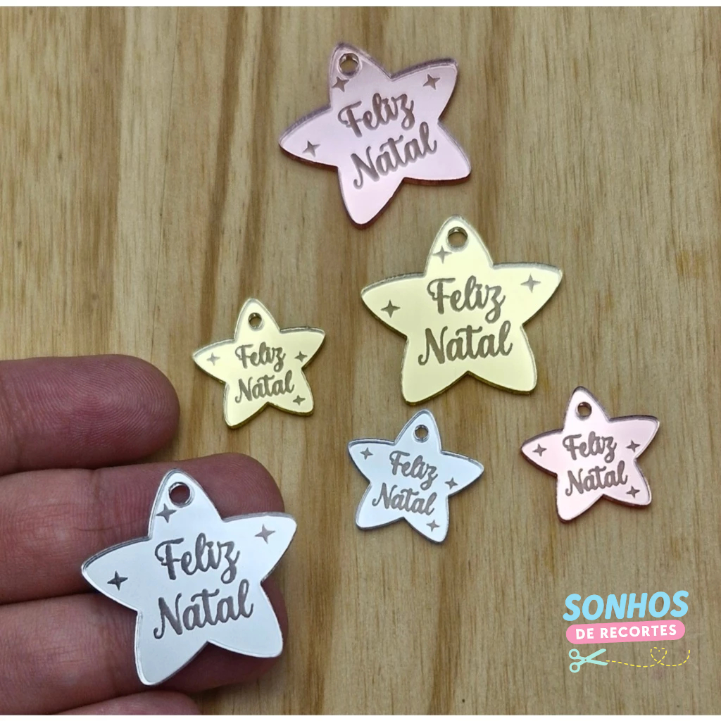 APLIQUE Estrelal "Feliz Natal" PINGENTE / TAG - Acrílico Espelhado