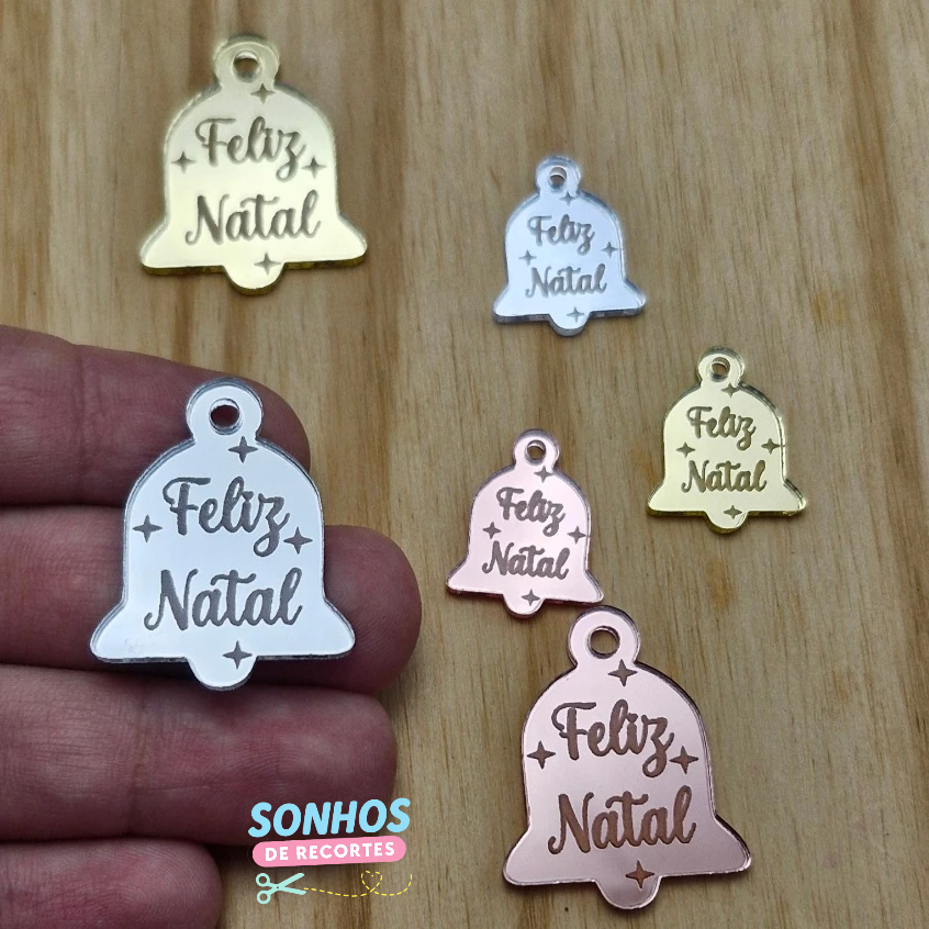 APLIQUE  Sino "Feliz Natal" -  PINGENTE / TAG Acrílico Espelhado