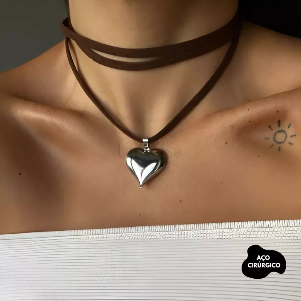 Colar Cordão Couro Camurça com Coração em Aço Inoxidável 316L Preto, Marrom ou Caramelo em Oferta na Shopee