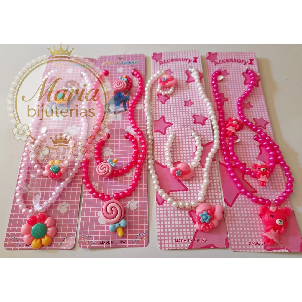 Kit 3 com Colar/Pulseira e Anel Infantil Flor Borboleta e Laço de Miçangas Pérola Bijuterias