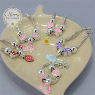 kit 1/3/6 Pulseira  infantil Prateada com Pingente boneca/fruta/animal tipo em Oferta na Shopee