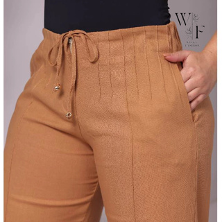 Calça Feminina Linho Reta Cintura Alta com Amarração e Despuntes Frontais | Conforto & Estilo em Oferta na Shopee