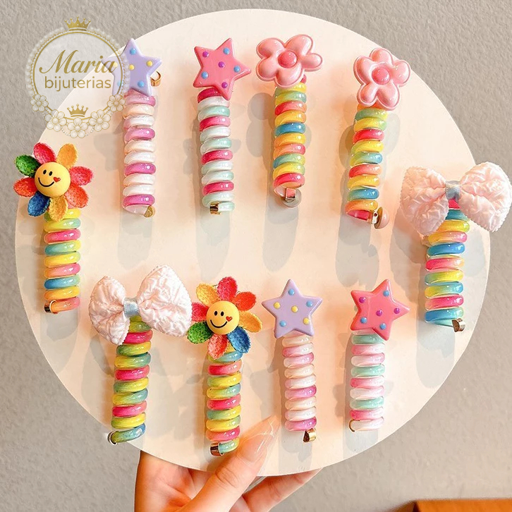 Imagem Kit 1 a 12  pçs dos desenhos animados corda de cabelo laços de cabelo moda fio de telefone bonito meninas rabo de cavalo