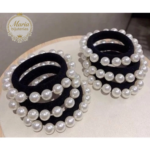 KIT 24 Elástico de cabelo Com Pérolas branco/preto acessorios xuxinha para cabelo Rabico de cabelo