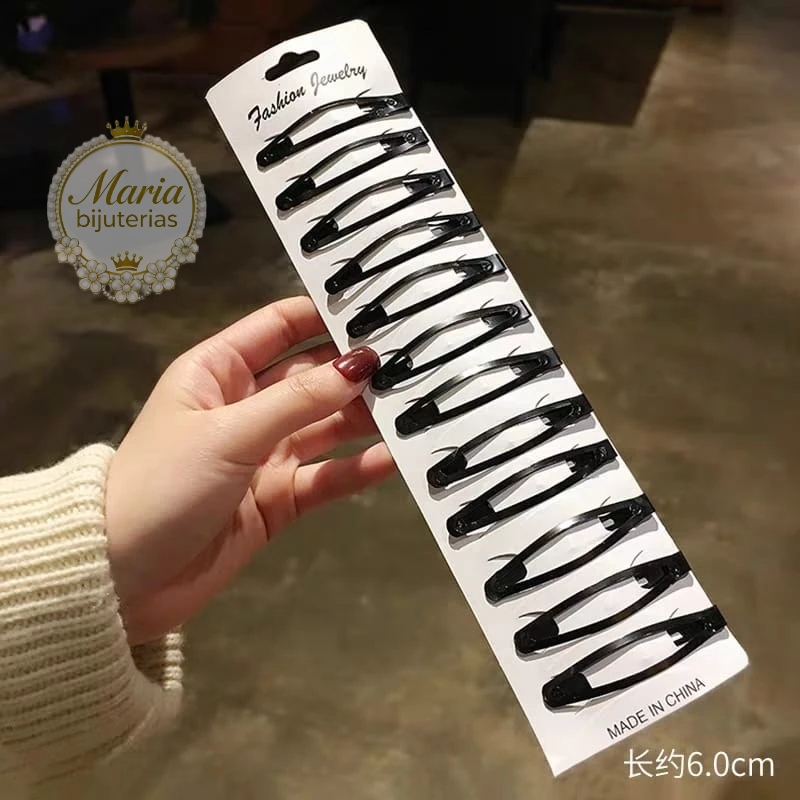 Kit 12 Presilha De Cabelo Tic Tac Slim Preto Tamanho Grande Cartela