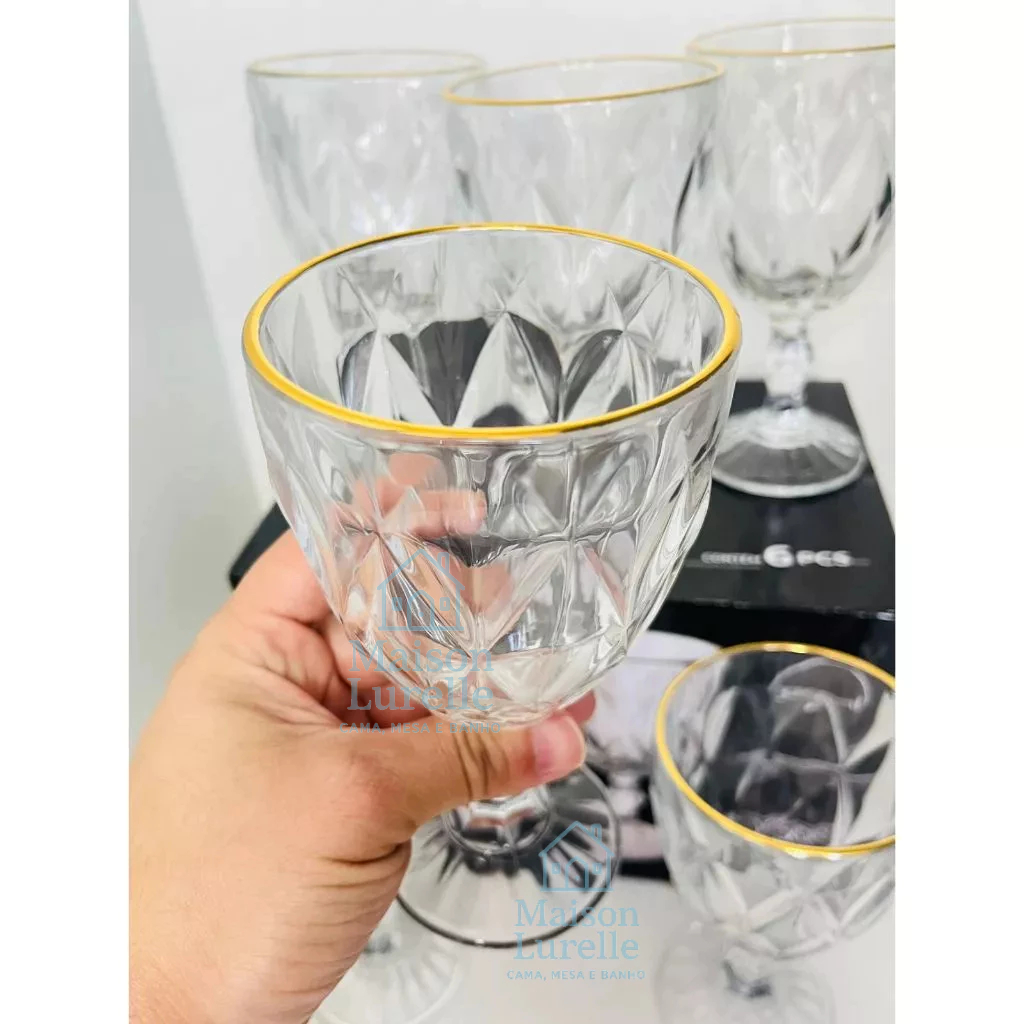 Jogo 6 Taças Borda Dourada de Vidro Diamond Elegancia – 340ml
