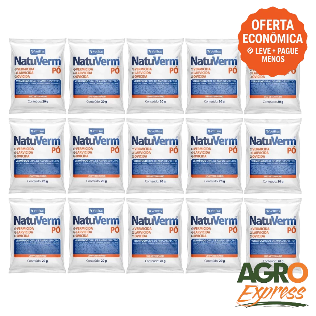 Kit 15 NatuVerm Pó 20g Vermífugo Oral Larvicida Ovicida Para Aves Suínos Bovinos Equinos - VetBras em Oferta na Shopee