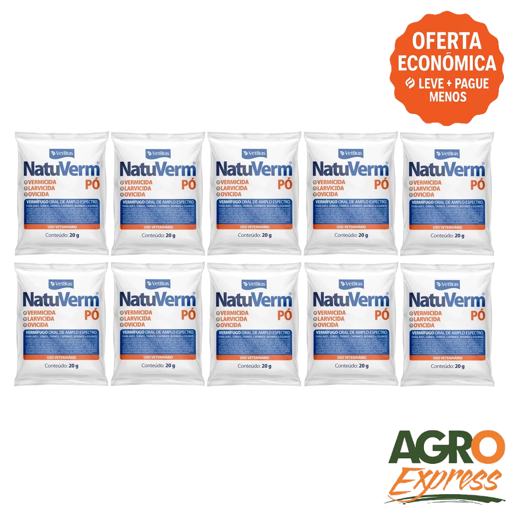 Kit 10 NatuVerm Pó 20g Vermífugo Oral Larvicida Ovicida Para Aves Suínos Bovinos Equinos - VetBras
