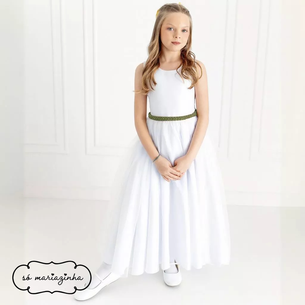 Vestido Infantil 12 a 16 Longo Branco Dama de Honra 25 cores de faixa e laço REF4193