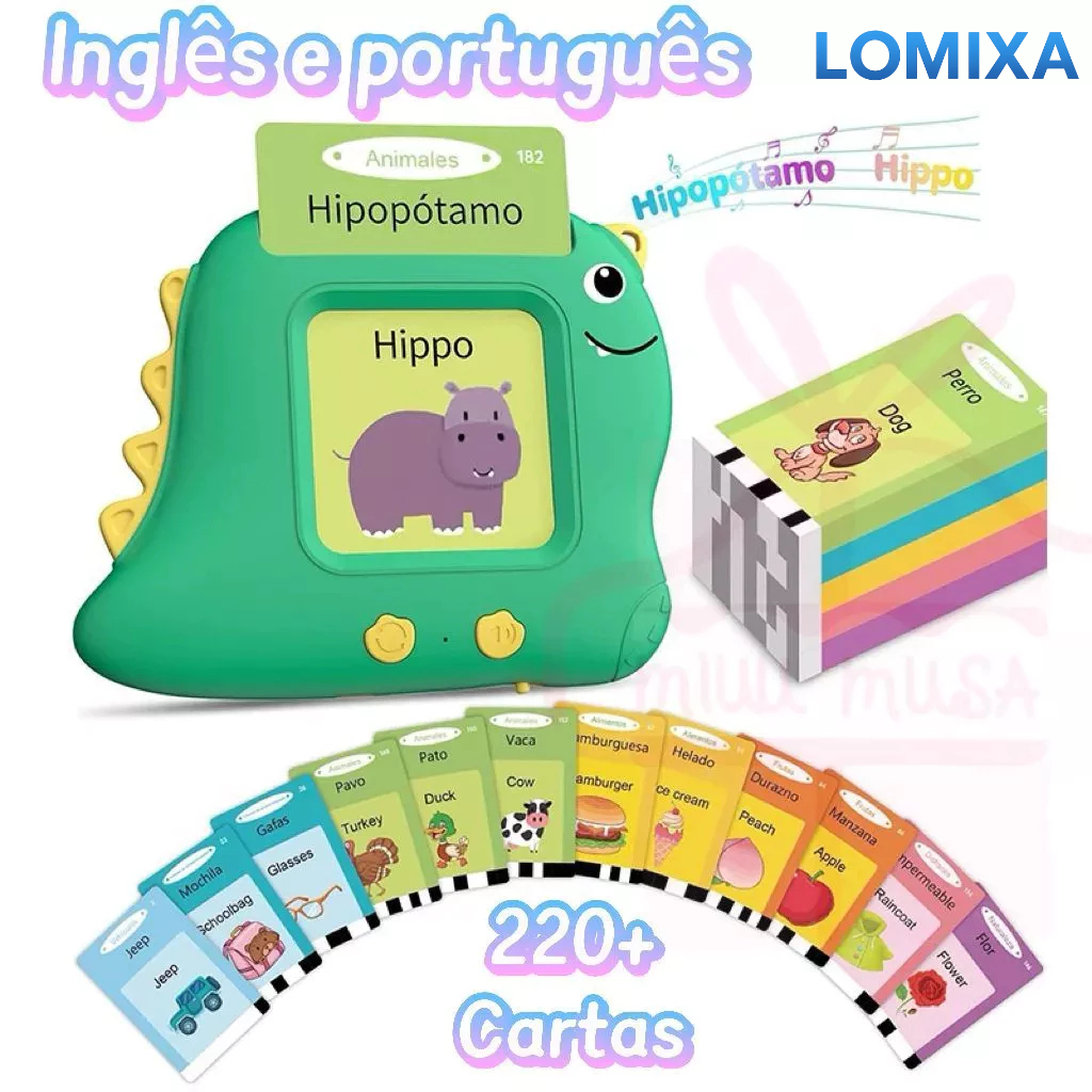 Brinquedos Infantil Cartão Didático Bilíngue PT EN com Som 224 Palavras Aprendizagem e Alf...