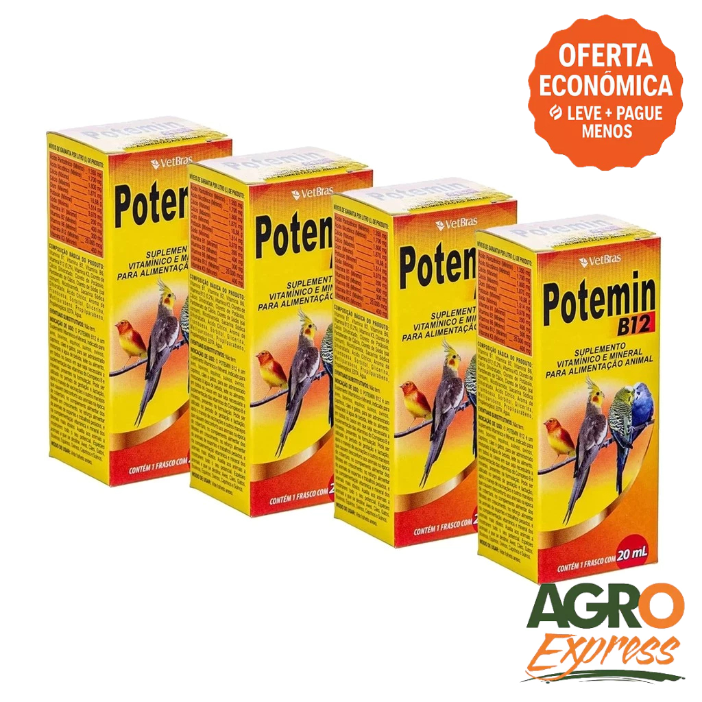 Kit 4 Potemin B12 20ml Suplemento Vitaminico e Mineral Fortalece Postura e Imunidade - VetBras