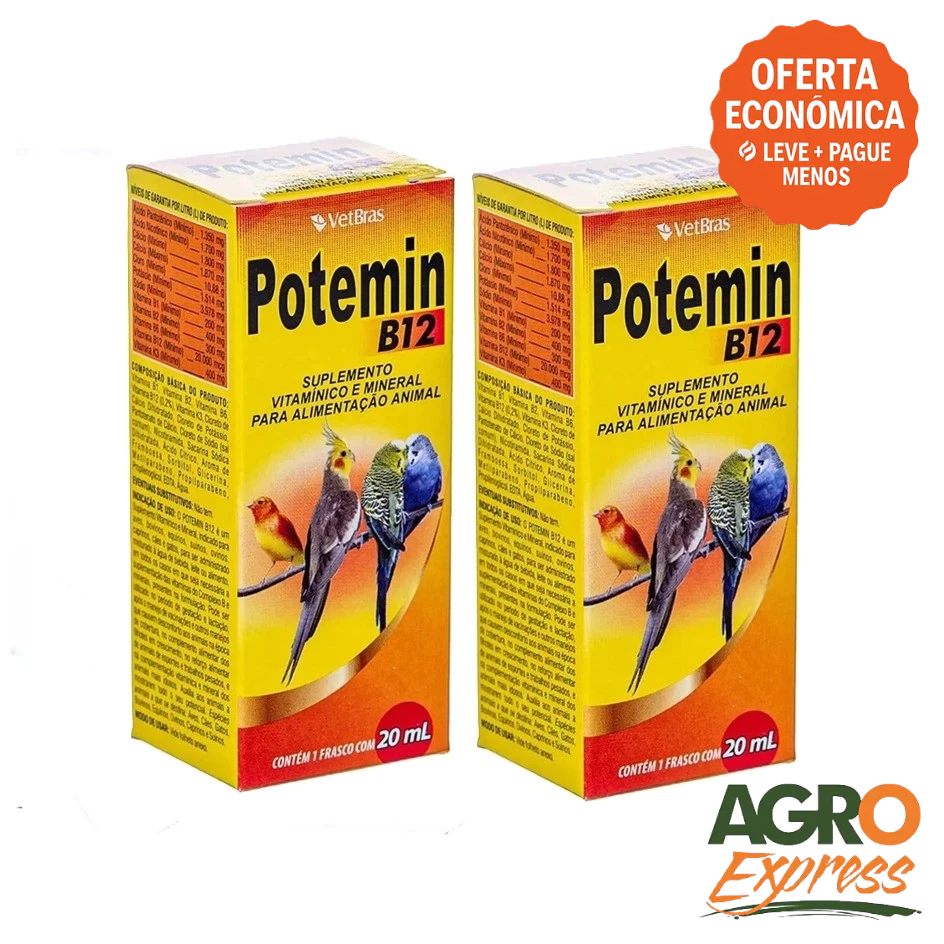 Kit 2 Potemin B12 20ml Suplemento Vitaminico e Mineral Fortalece Postura e Imunidade - VetBras
