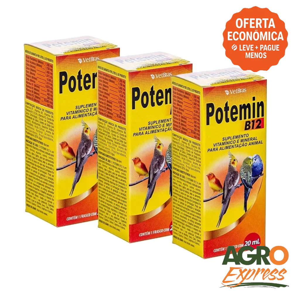 Kit 3 Potemin B12 20ml Suplemento Vitaminico e Mineral Fortalece Postura e Imunidade - VetBras