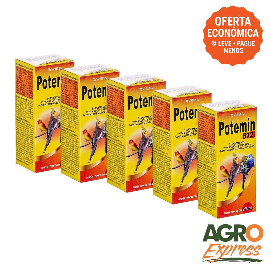 Kit 5 Potemin B12 20ml Suplemento Vitaminico e Mineral Fortalece Postura e Imunidade - VetBras