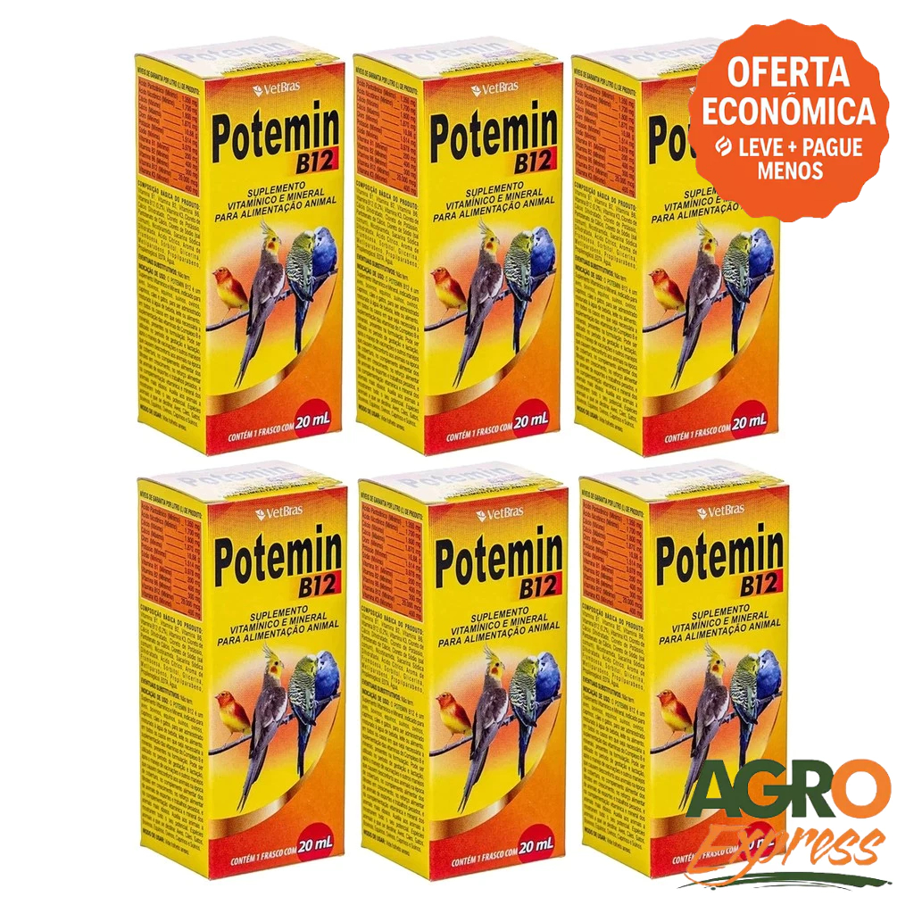 Kit 6 Potemin B12 20ml Suplemento Vitaminico e Mineral Fortalece Postura e Imunidade - VetBras