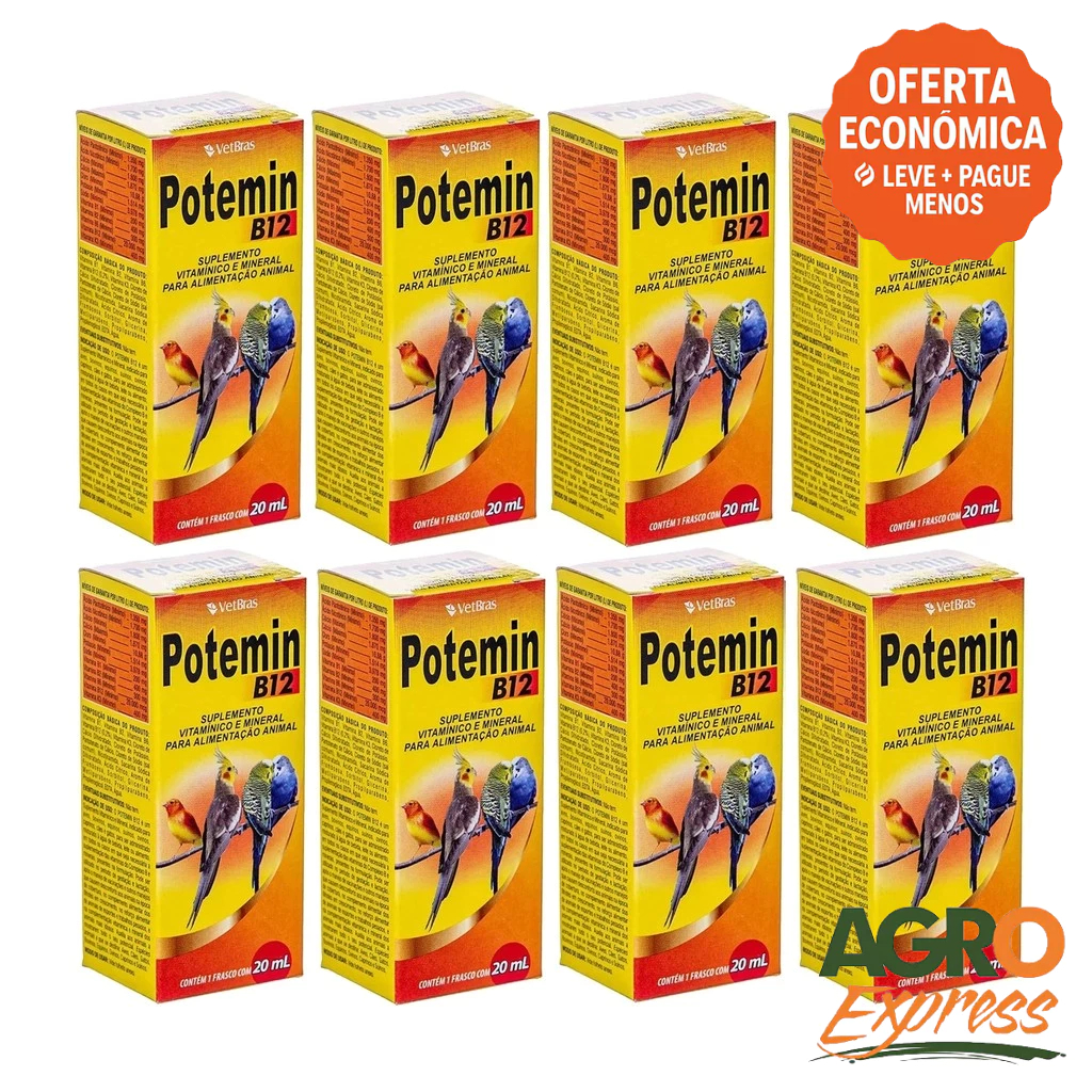 Kit 8 Potemin B12 20ml Suplemento Vitaminico e Mineral Fortalece Postura e Imunidade - VetBras