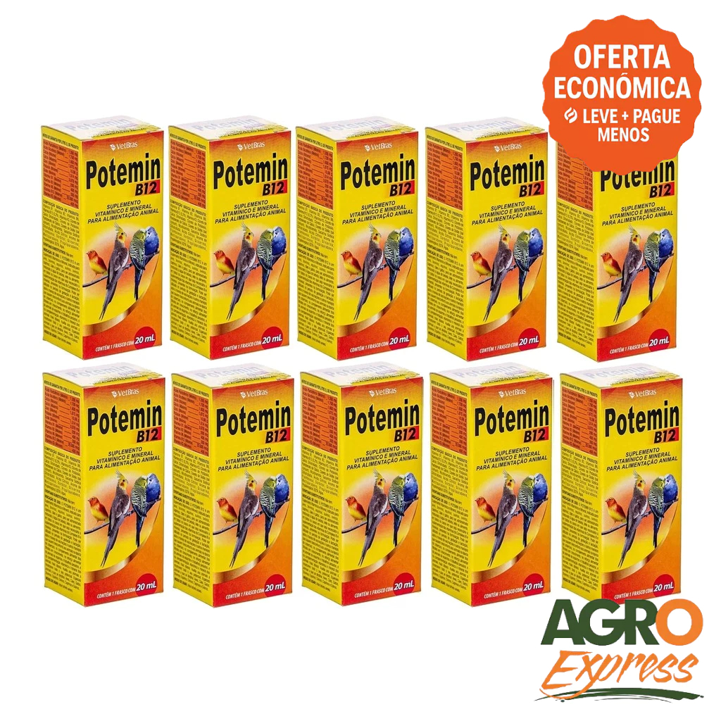 Kit 10 Potemin B12 20ml Suplemento Vitaminico e Mineral Fortalece Postura e Imunidade - VetBras