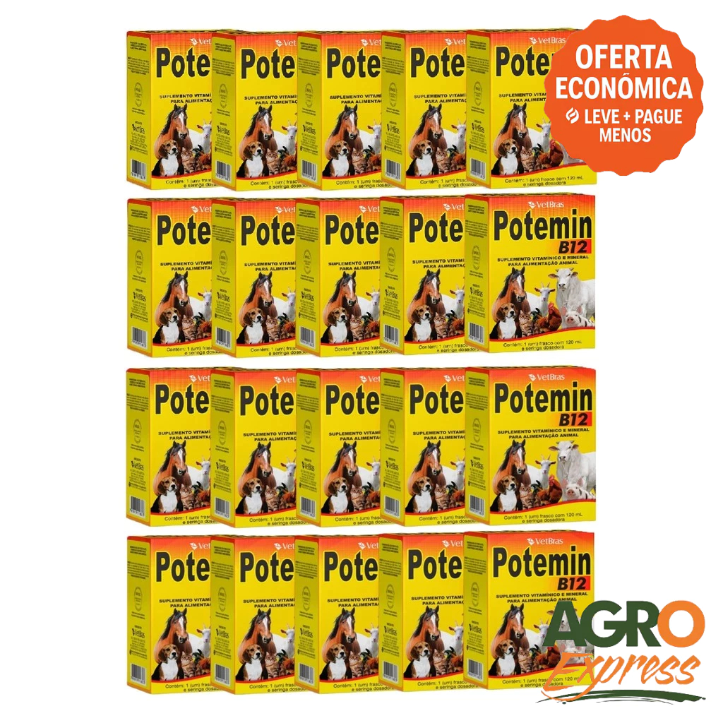 Kit 20 Potemin B12 120ml Suplemento Vitaminico e Mineral Fortalece Postura e Imunidade - VetBras