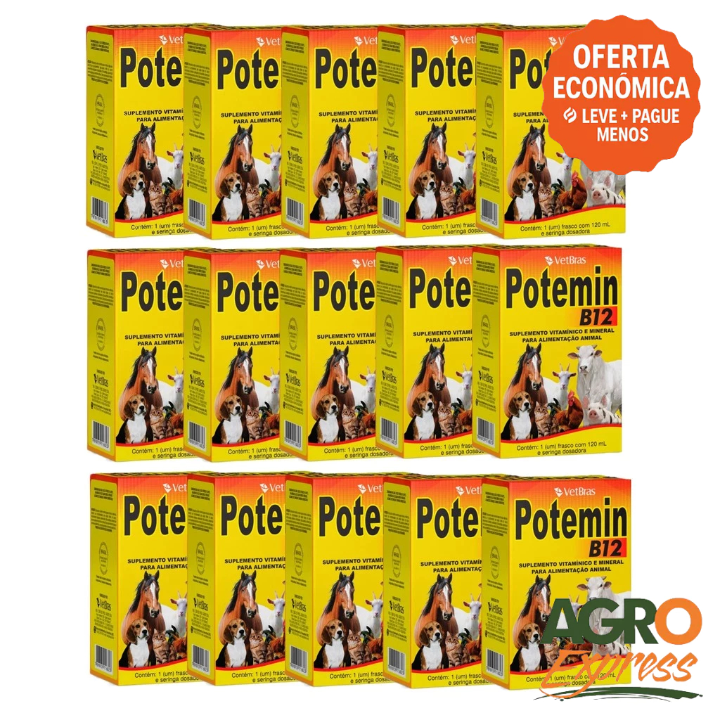 Kit 15 Potemin B12 120ml Suplemento Vitaminico e Mineral Fortalece Postura e Imunidade - VetBras