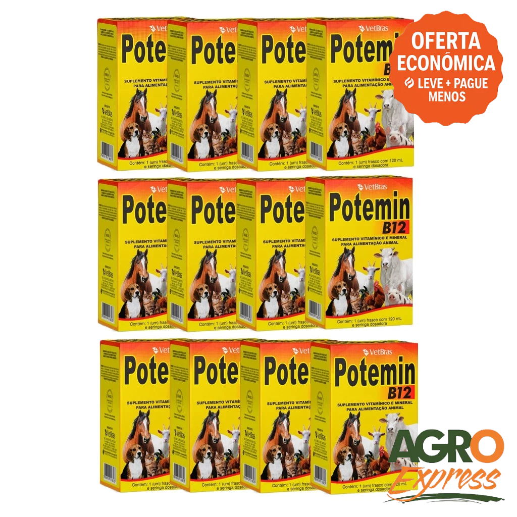 Kit 12 Potemin B12 120ml Suplemento Vitaminico e Mineral Fortalece Postura e Imunidade - VetBras
